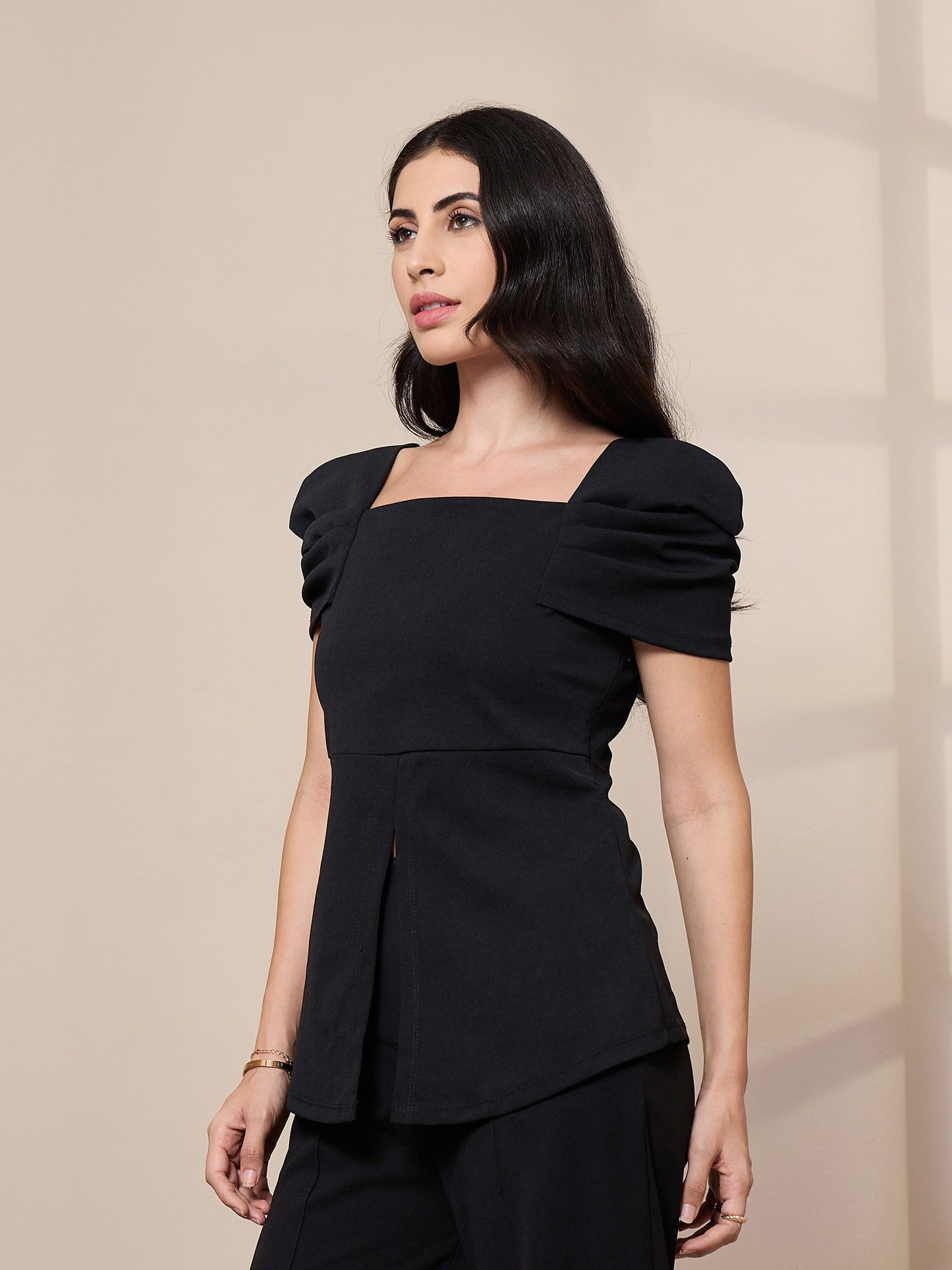 Black Square Neck Peplum Top