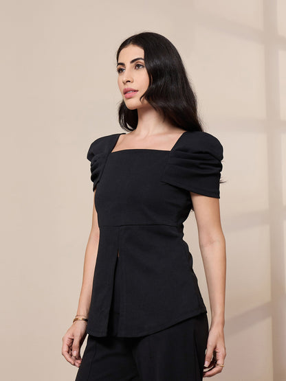Black Square Neck Peplum Top