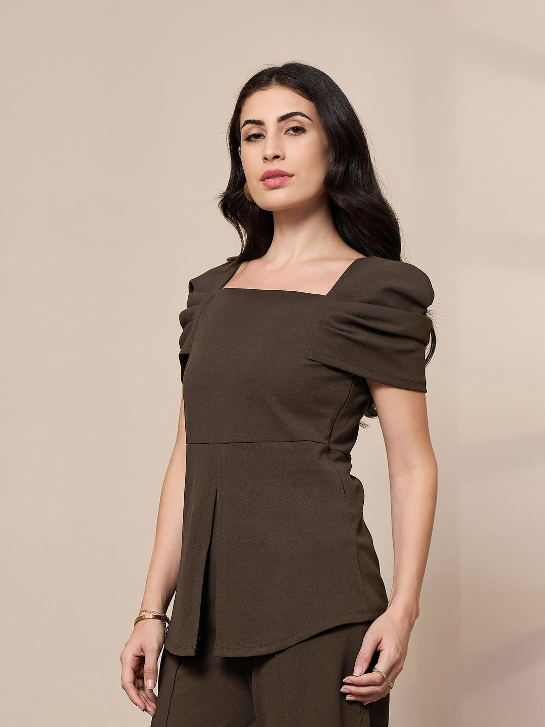 Women Brown Square Neck Peplum Top