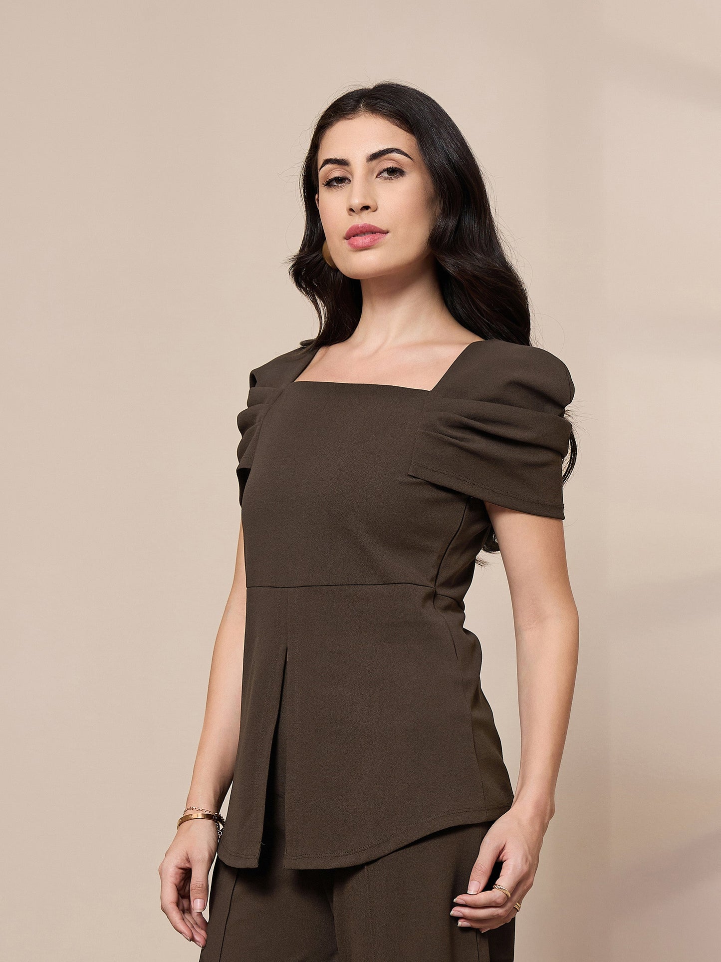 Women Brown Square Neck Peplum Top