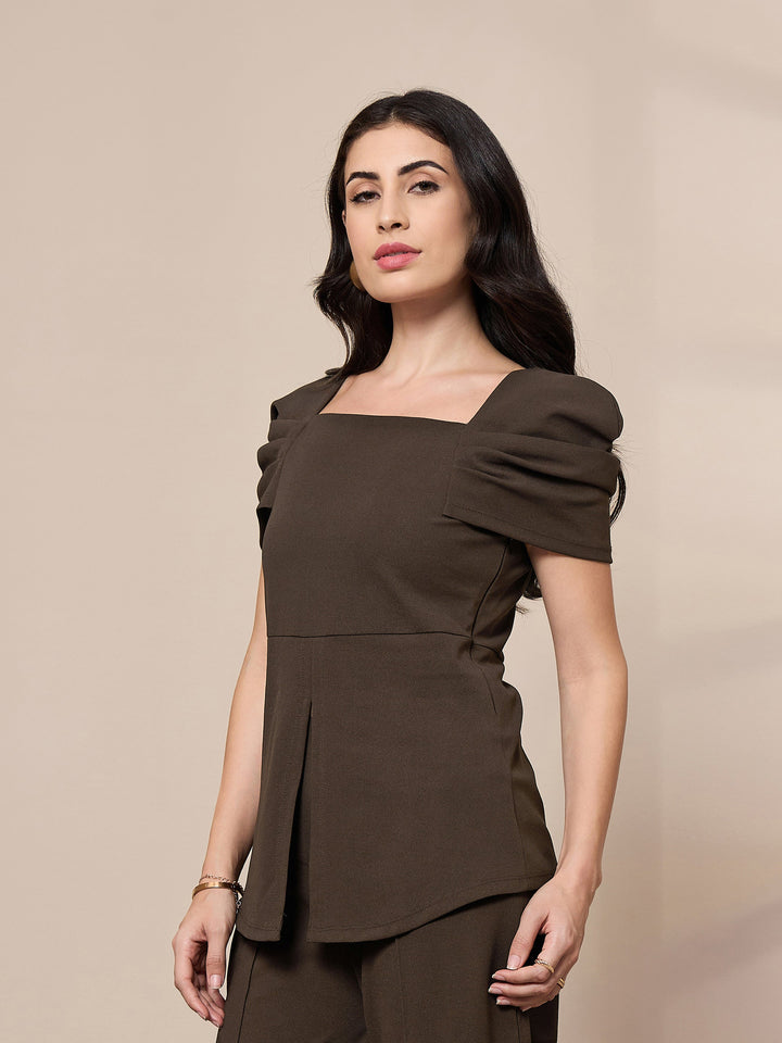 Women Brown Square Neck Peplum Top