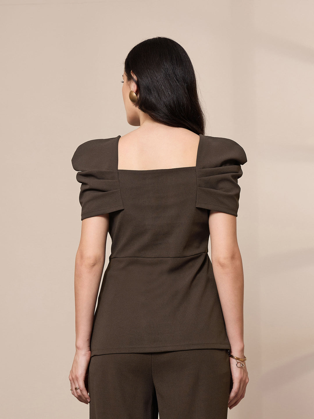 Women Brown Square Neck Peplum Top