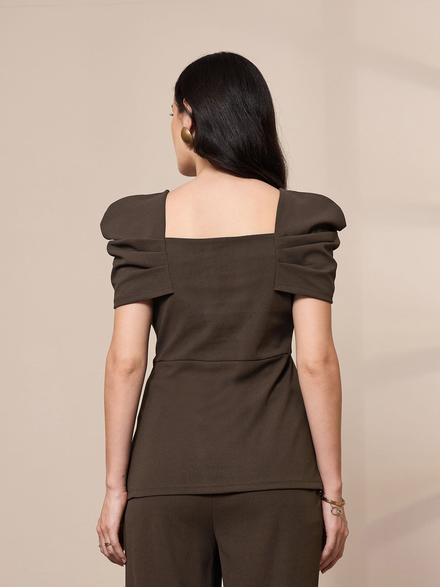 Women Brown Square Neck Peplum Top