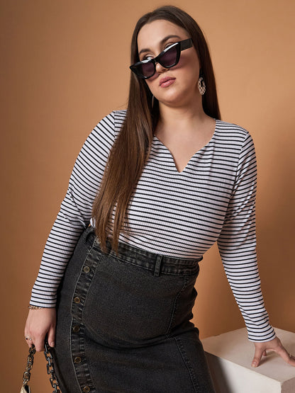 Plus size women's Black Polycotton Black & White Rib Stripe Full Sleeves Top by Sassafras Curve for wholesale buyers, boutiques, resellers and bulk