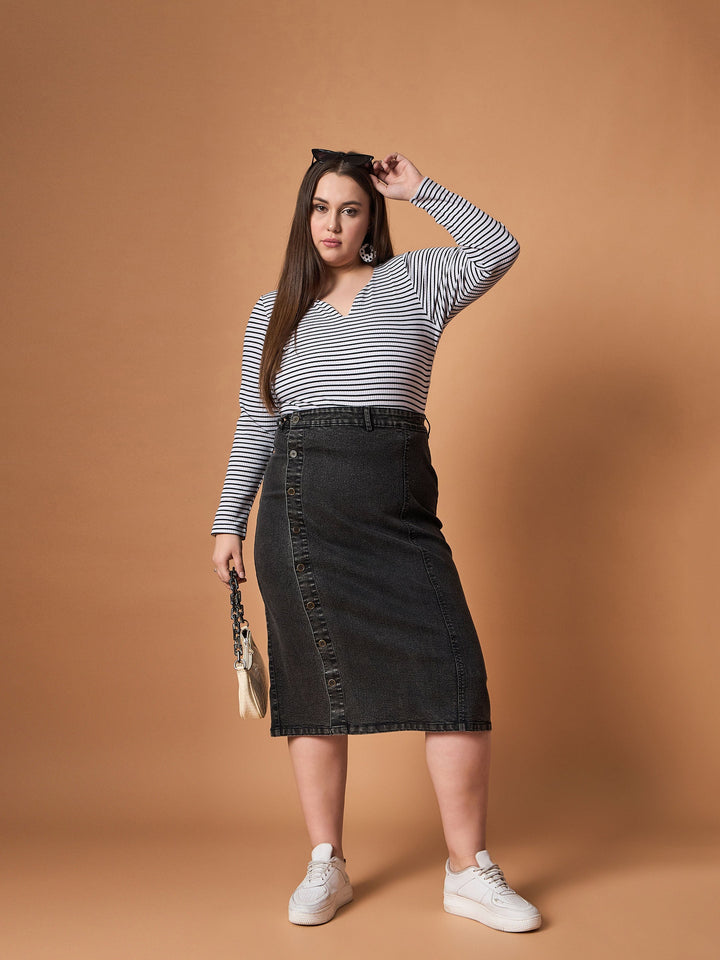 Black &amp; White Rib Stripe Full Sleeves Top-SASSAFRAS Curve