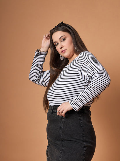 Black & White Rib Stripe Full Sleeves Top-SASSAFRAS Curve