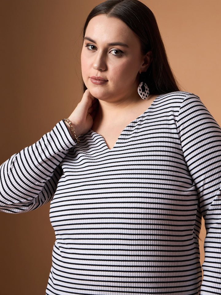 Black &amp; White Rib Stripe Full Sleeves Top-SASSAFRAS Curve