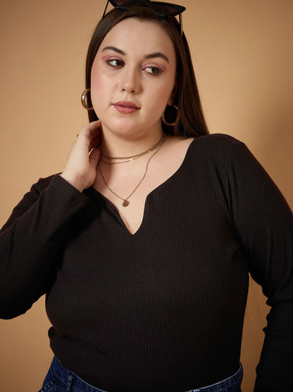 Plus size women's Black Polycotton Black Rib Full Sleeves Top by Sassafras Curve for wholesale buyers, boutiques, resellers and bulk orders from