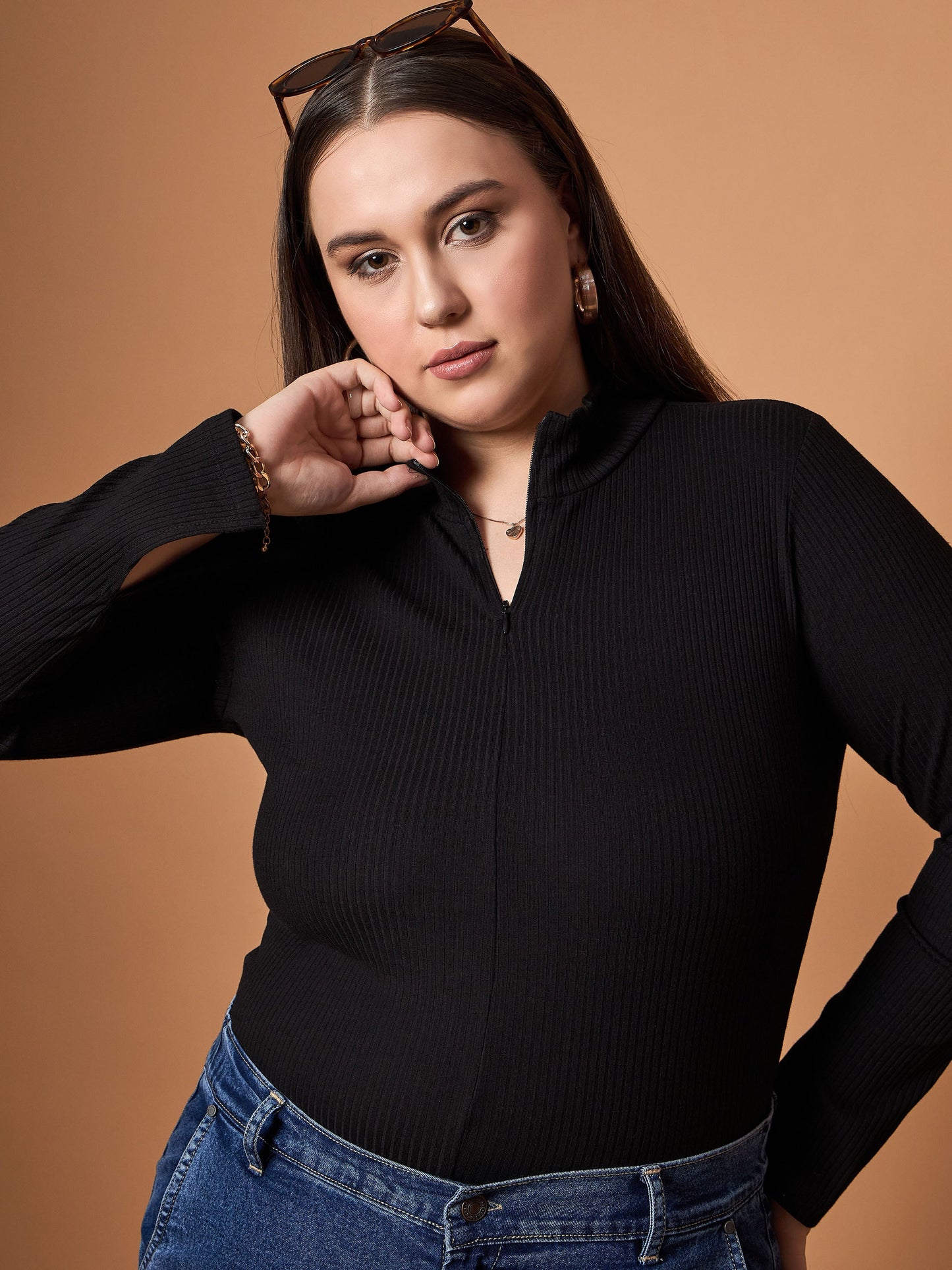 Black Rib Front Zipper High Neck Top