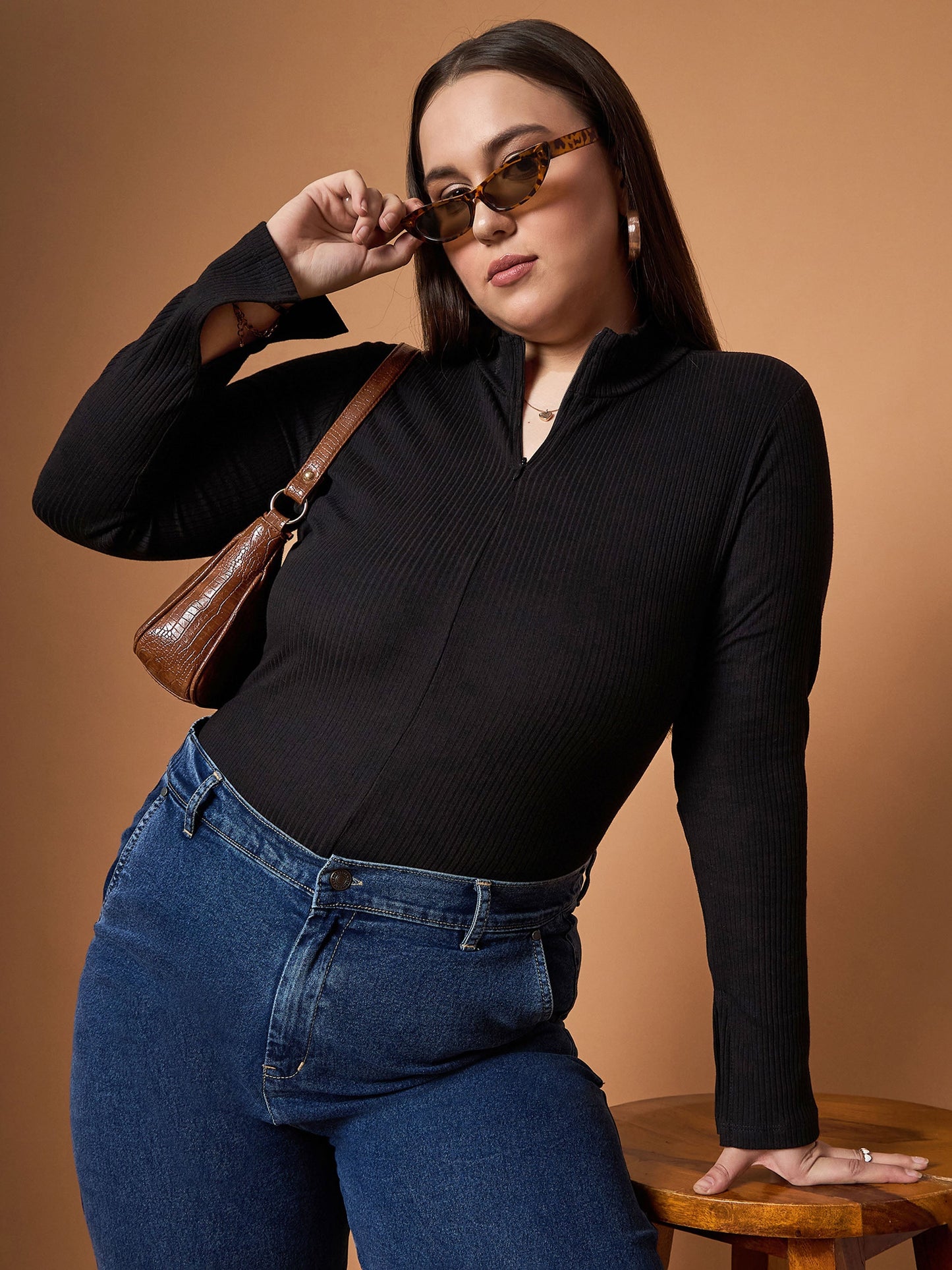Black Rib Front Zipper High Neck Top