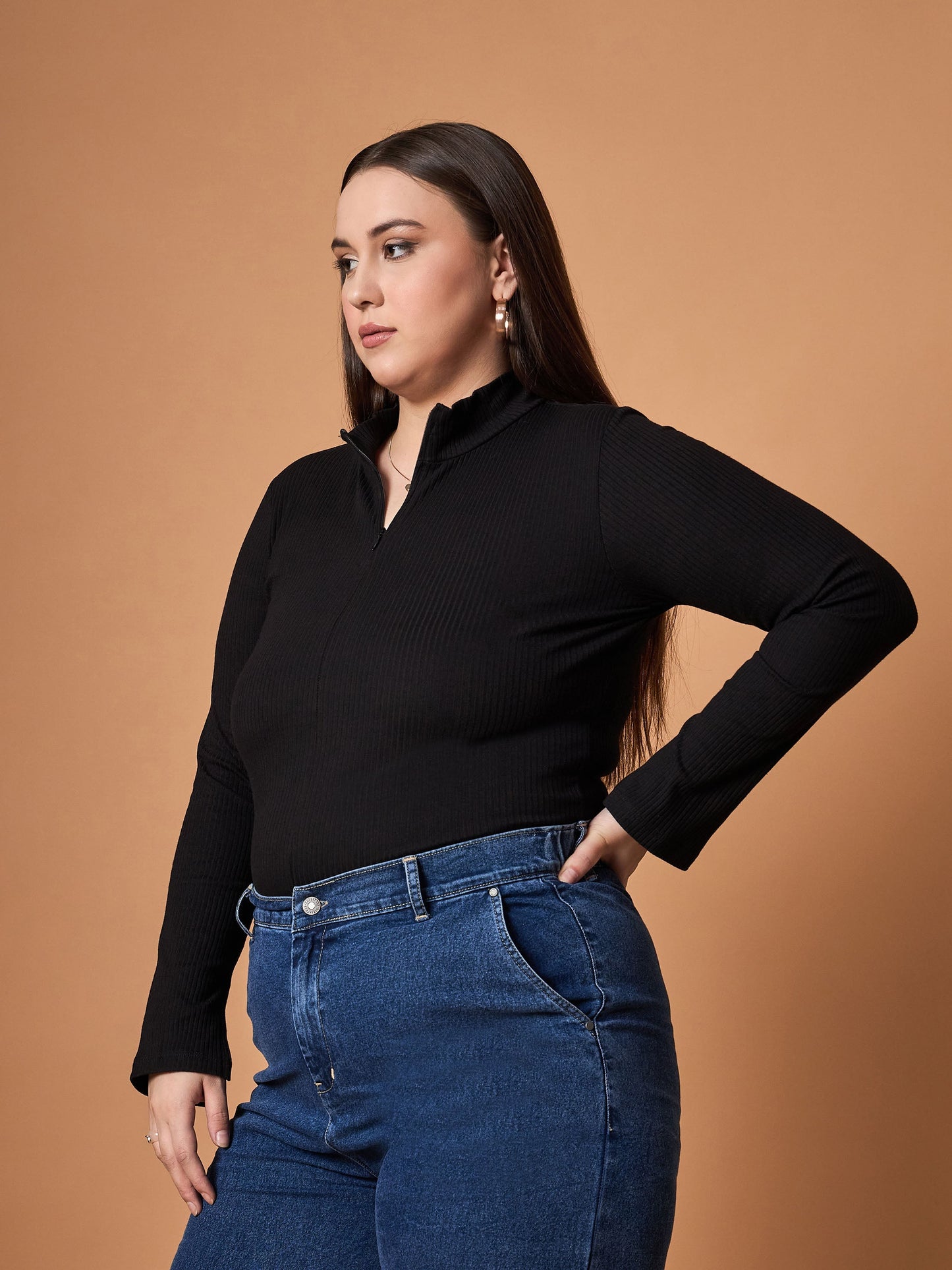 Black Rib Front Zipper High Neck Top