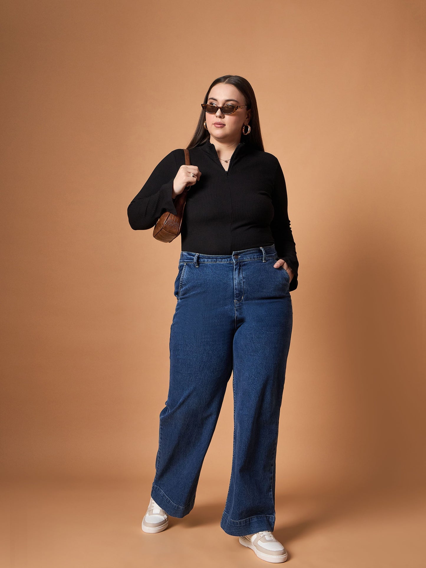 Black Rib Front Zipper High Neck Top