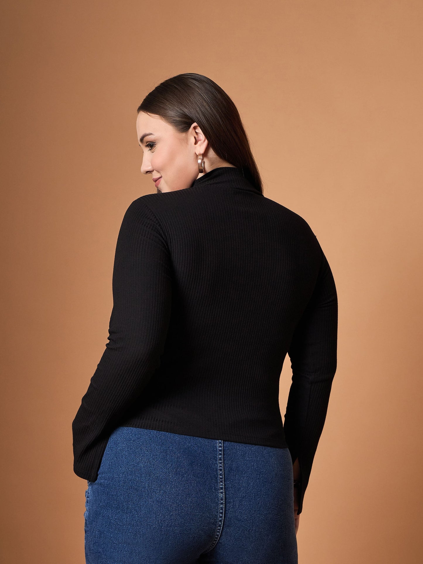 Black Rib Front Zipper High Neck Top