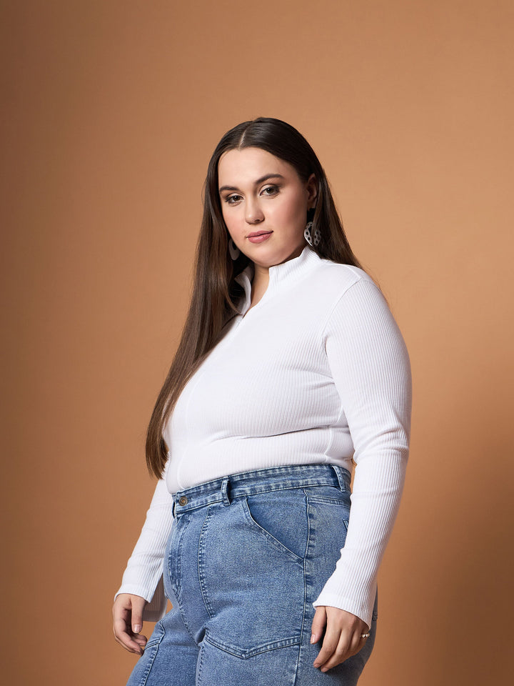 White Rib Front Zipper High Neck Top -SASSAFRAS Curve