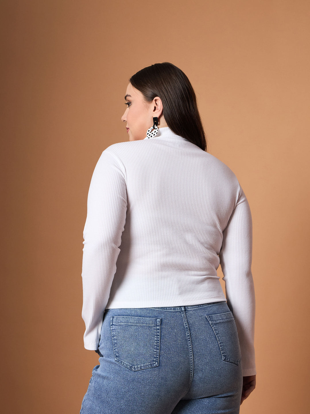 White Rib Front Zipper High Neck Top -SASSAFRAS Curve