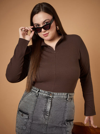 Plus size women's Brown Polycotton Brown Rib Front Zipper High Neck Top by Sassafras Curve for wholesale buyers, boutiques, resellers and bulk orders