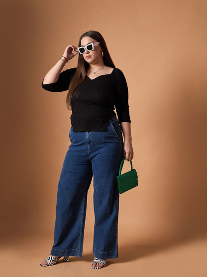 Black Rib Sweetheart Neck Top