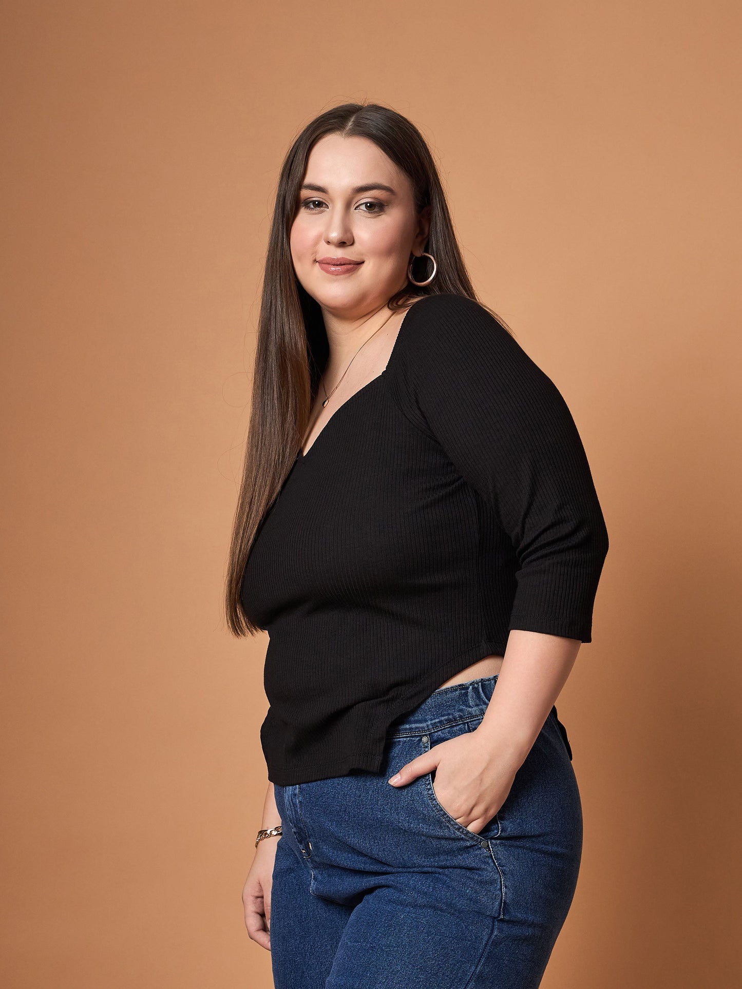 Black Rib Sweetheart Neck Top