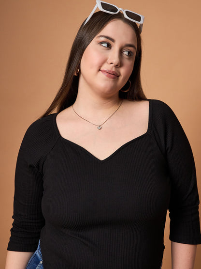 Black Rib Sweetheart Neck Top
