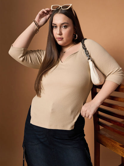 Beige Rib Sweetheart Neck Top