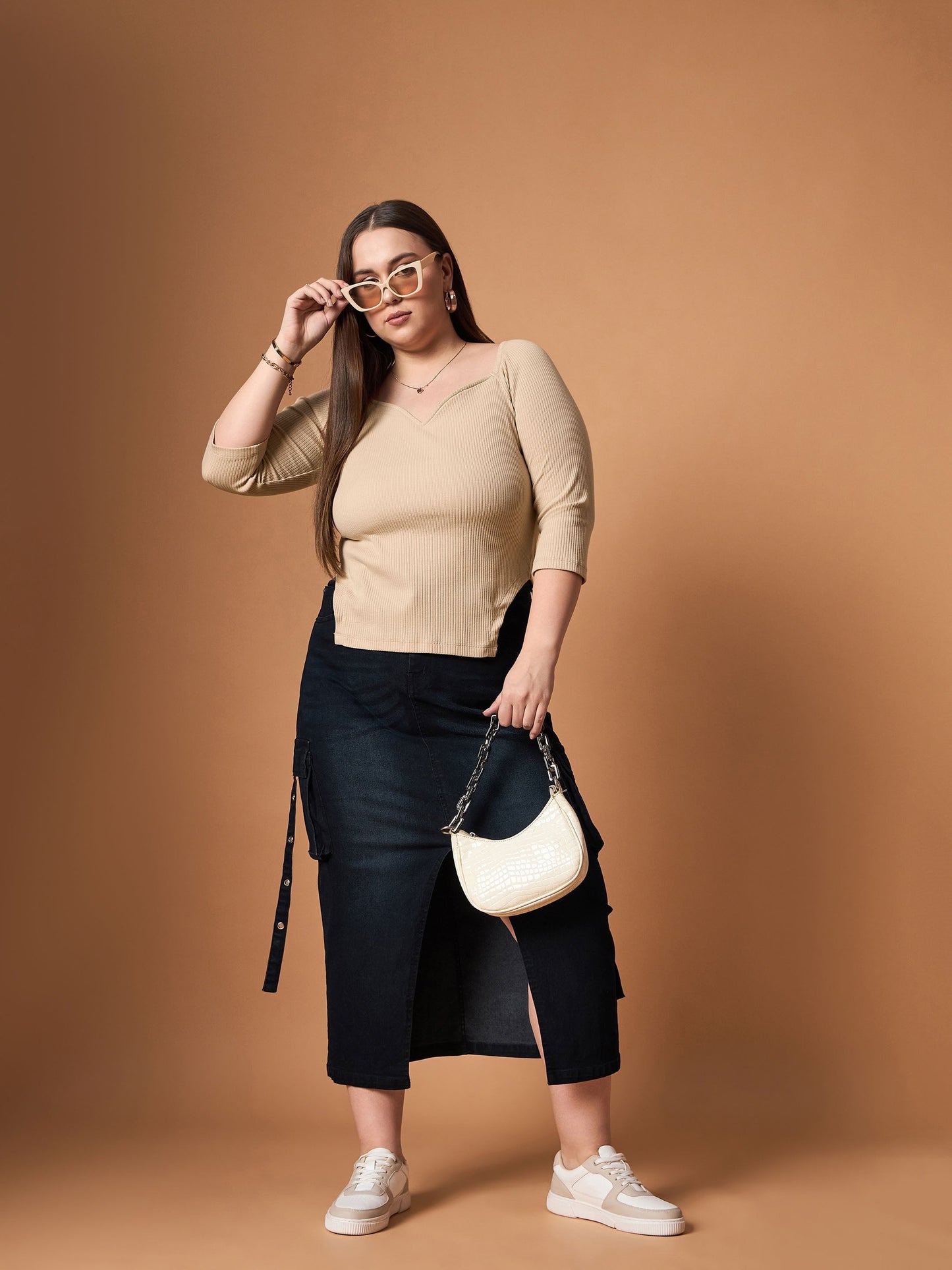 Beige Rib Sweetheart Neck Top