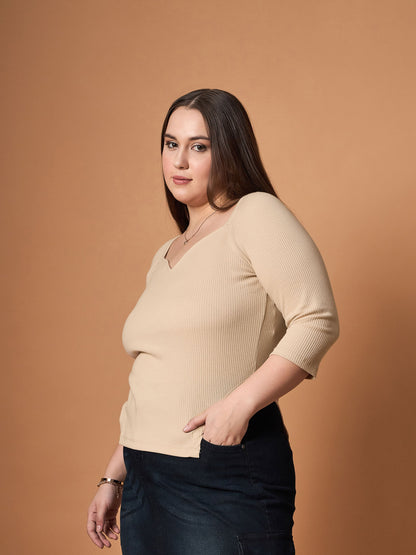 Beige Rib Sweetheart Neck Top