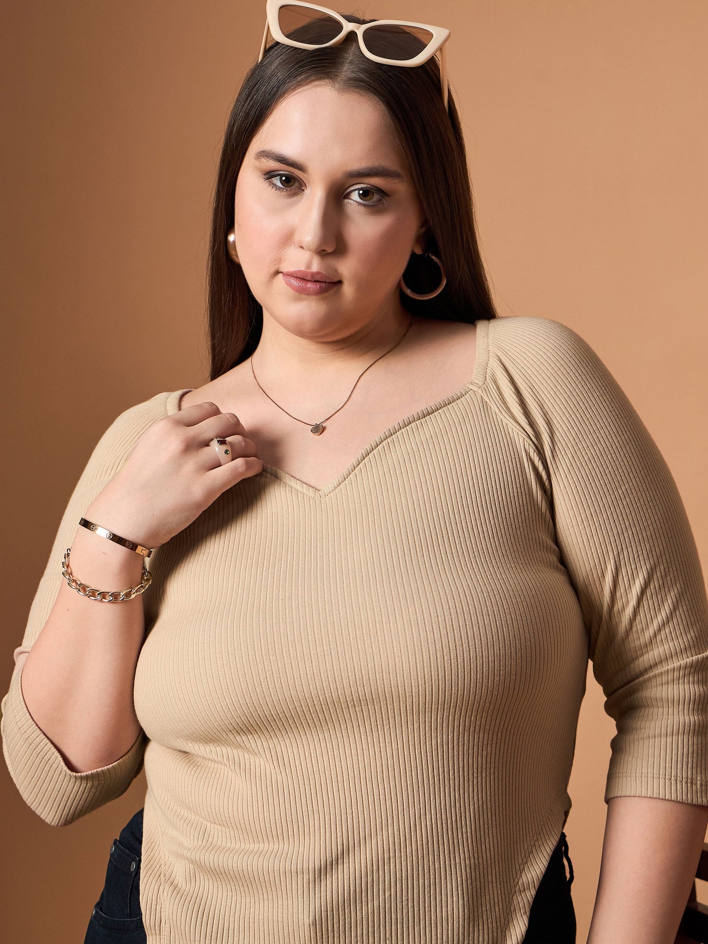 Beige Rib Sweetheart Neck Top