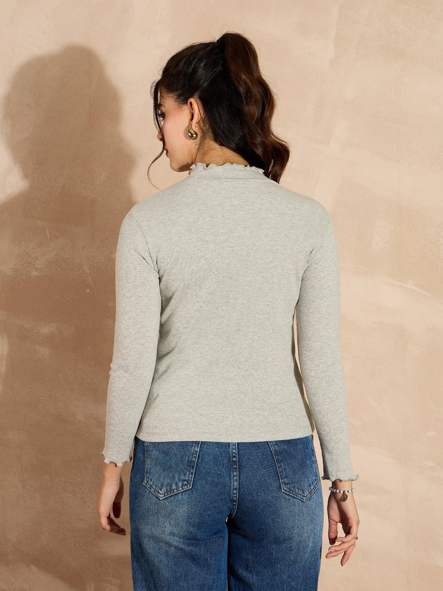 Women Grey Melange Rib High Neck Full Sleeve Top