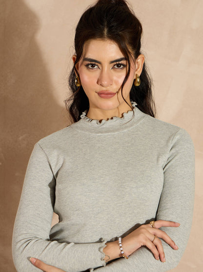 Women Grey Melange Rib High Neck Full Sleeve Top