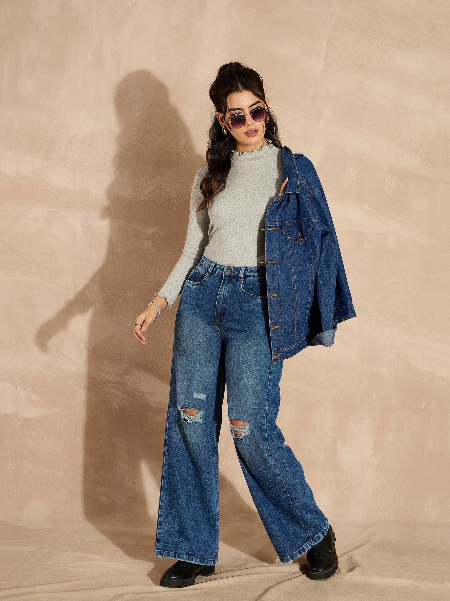 Women Grey Melange Rib High Neck Full Sleeve Top