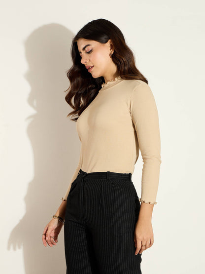 Women Beige Rib High Neck Full Sleeve Top