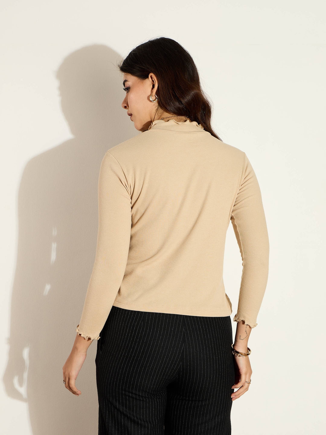 Women Beige Rib High Neck Full Sleeve Top