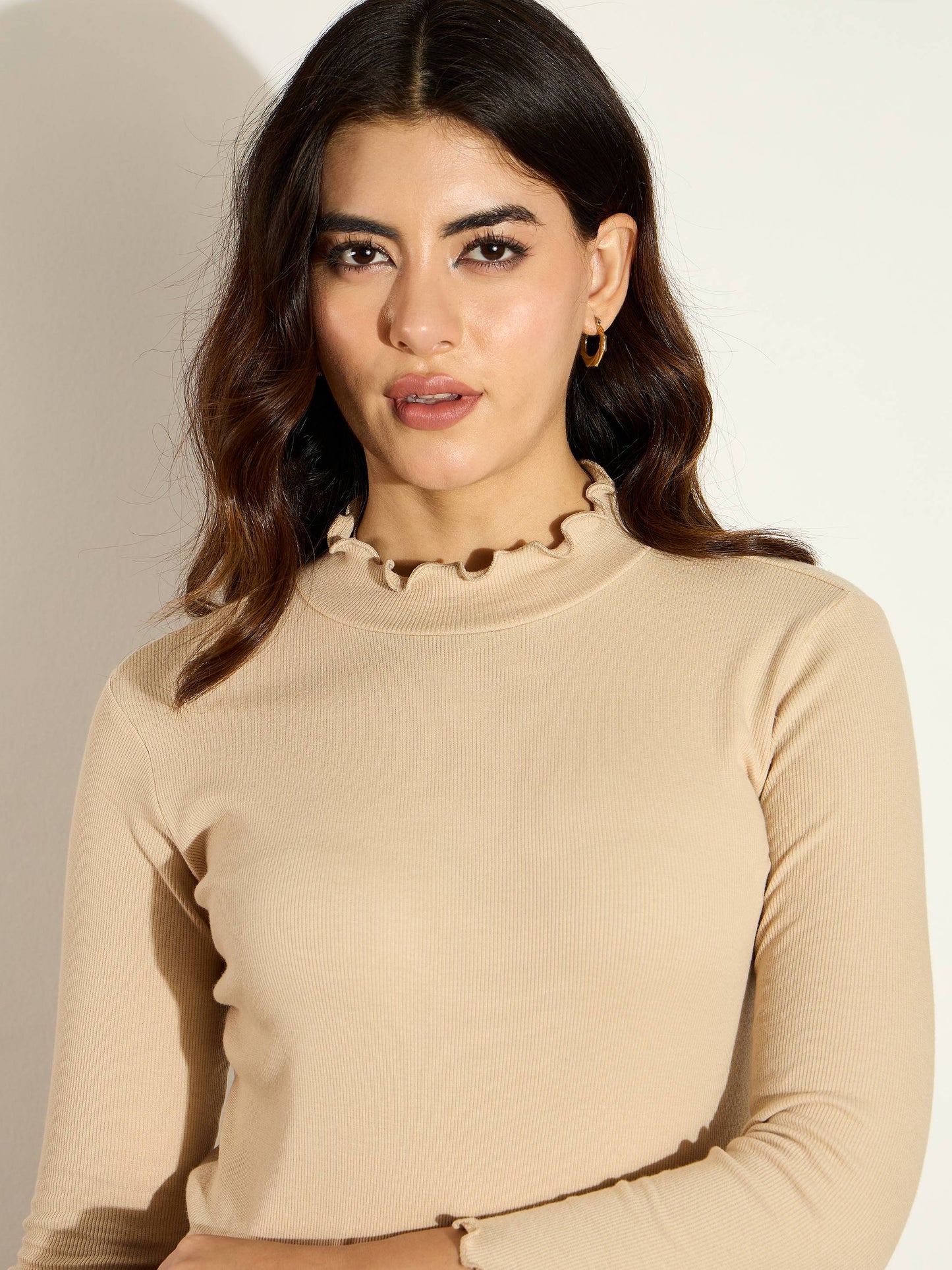 Women Beige Rib High Neck Full Sleeve Top