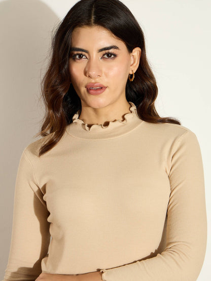 Women Beige Rib High Neck Full Sleeve Top