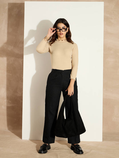 Women Beige Rib High Neck Full Sleeve Top