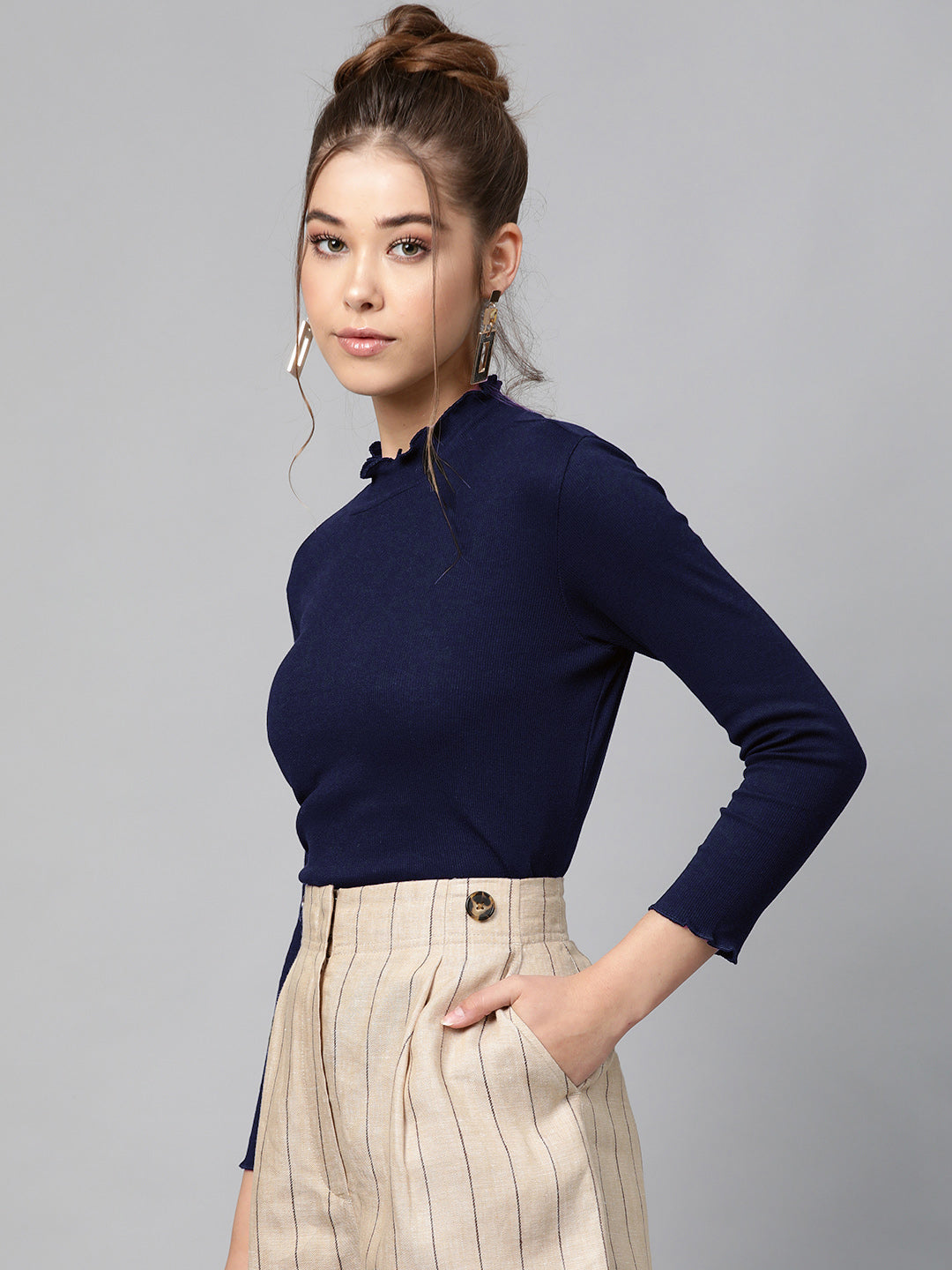 Women Navy Rib High Neck Full Sleeve Top
