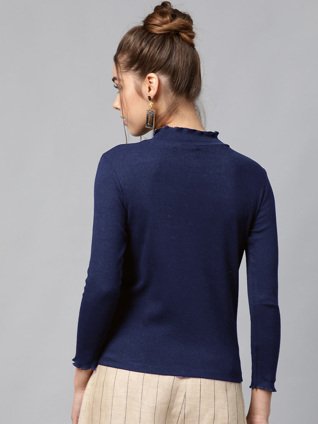 Women Navy Blue Rib High Neck Full Sleeve Top