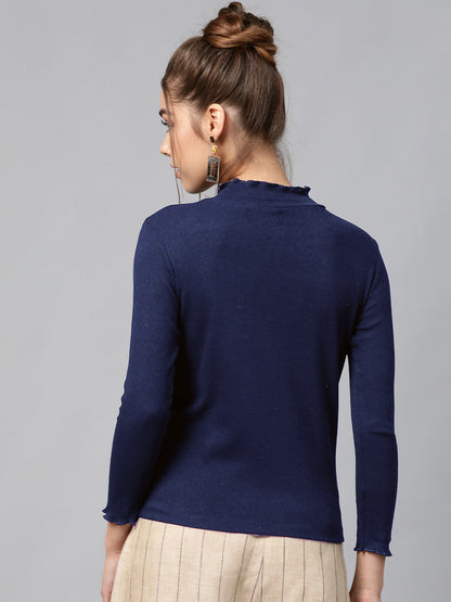 Women Navy Blue Rib High Neck Full Sleeve Top