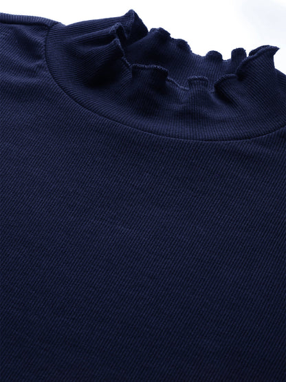 Women Navy Blue Rib High Neck Full Sleeve Top