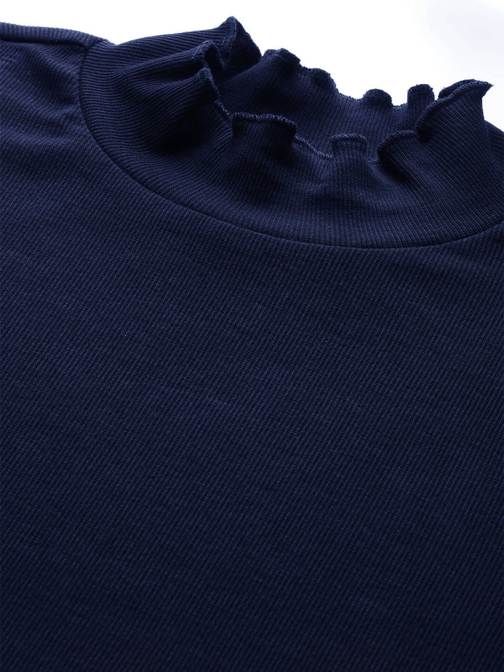 Women Navy Rib High Neck Full Sleeve Top