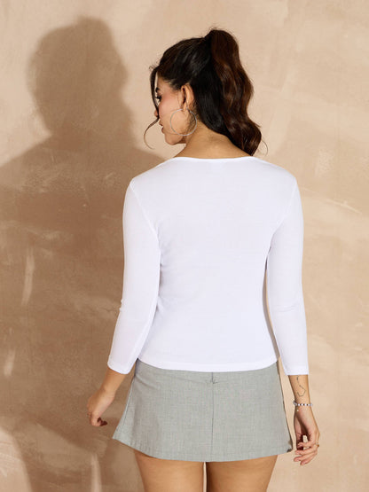 White Rib Drop V-Neck Top