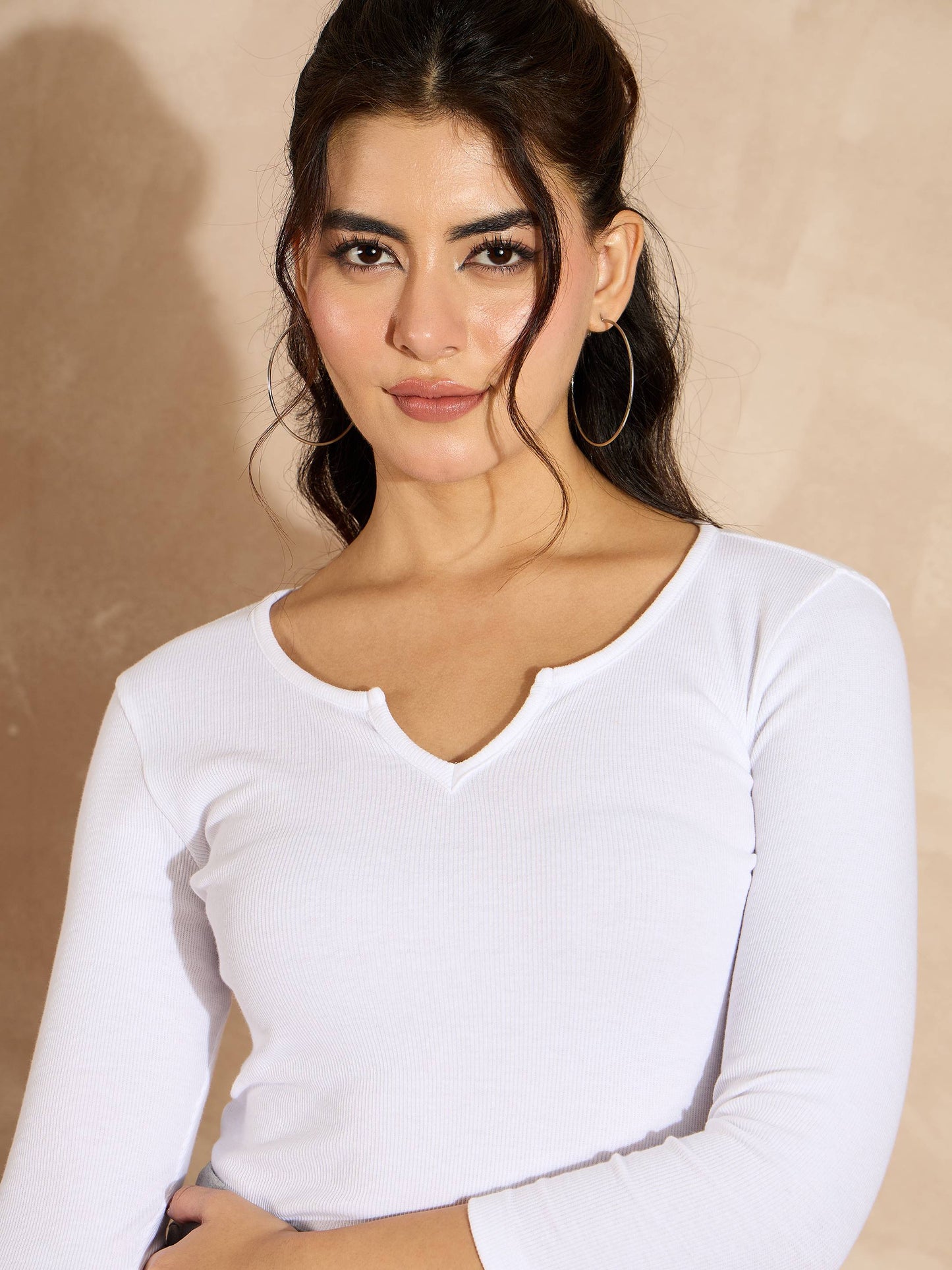White Rib Drop V-Neck Top