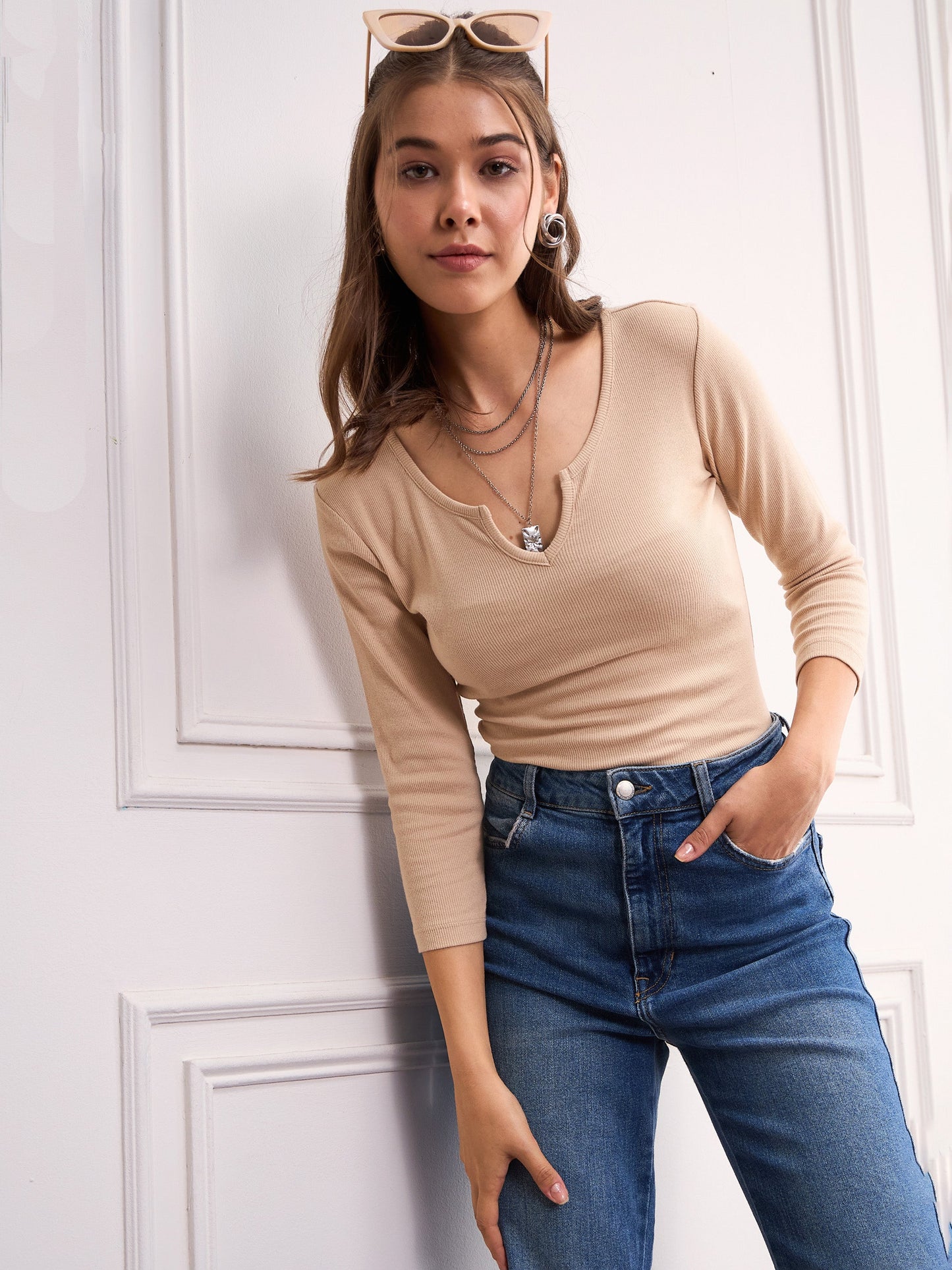 Women Beige Rib Drop V-Neck Top