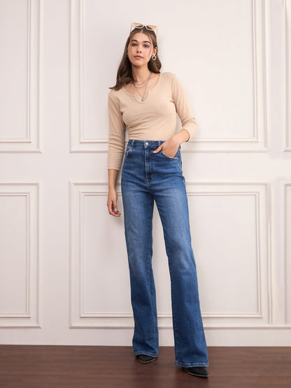 Women Beige Rib Drop V-Neck Top