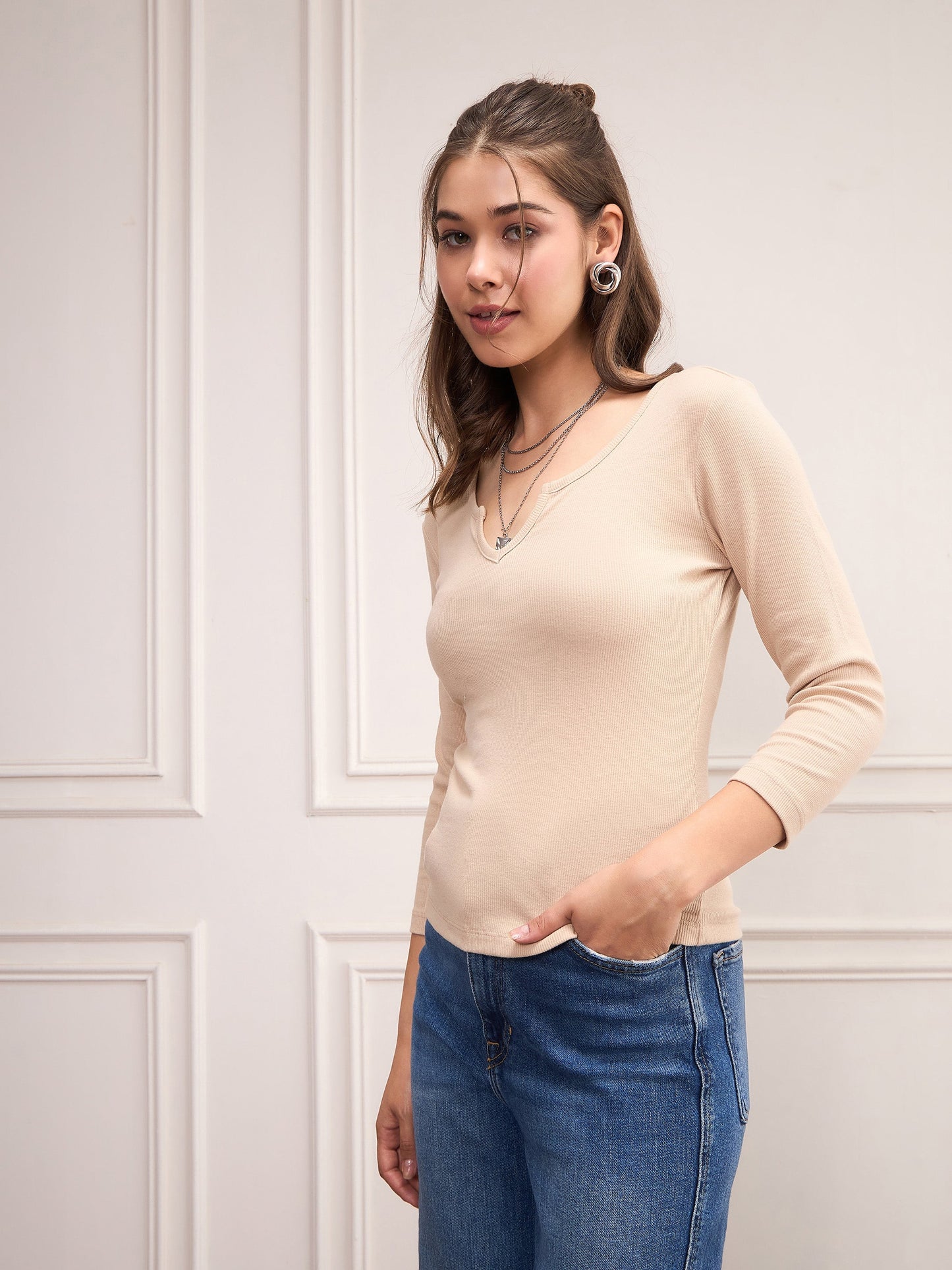 Women Beige Rib Drop V-Neck Top