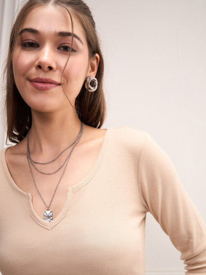 Women Beige Rib Drop V-Neck Top