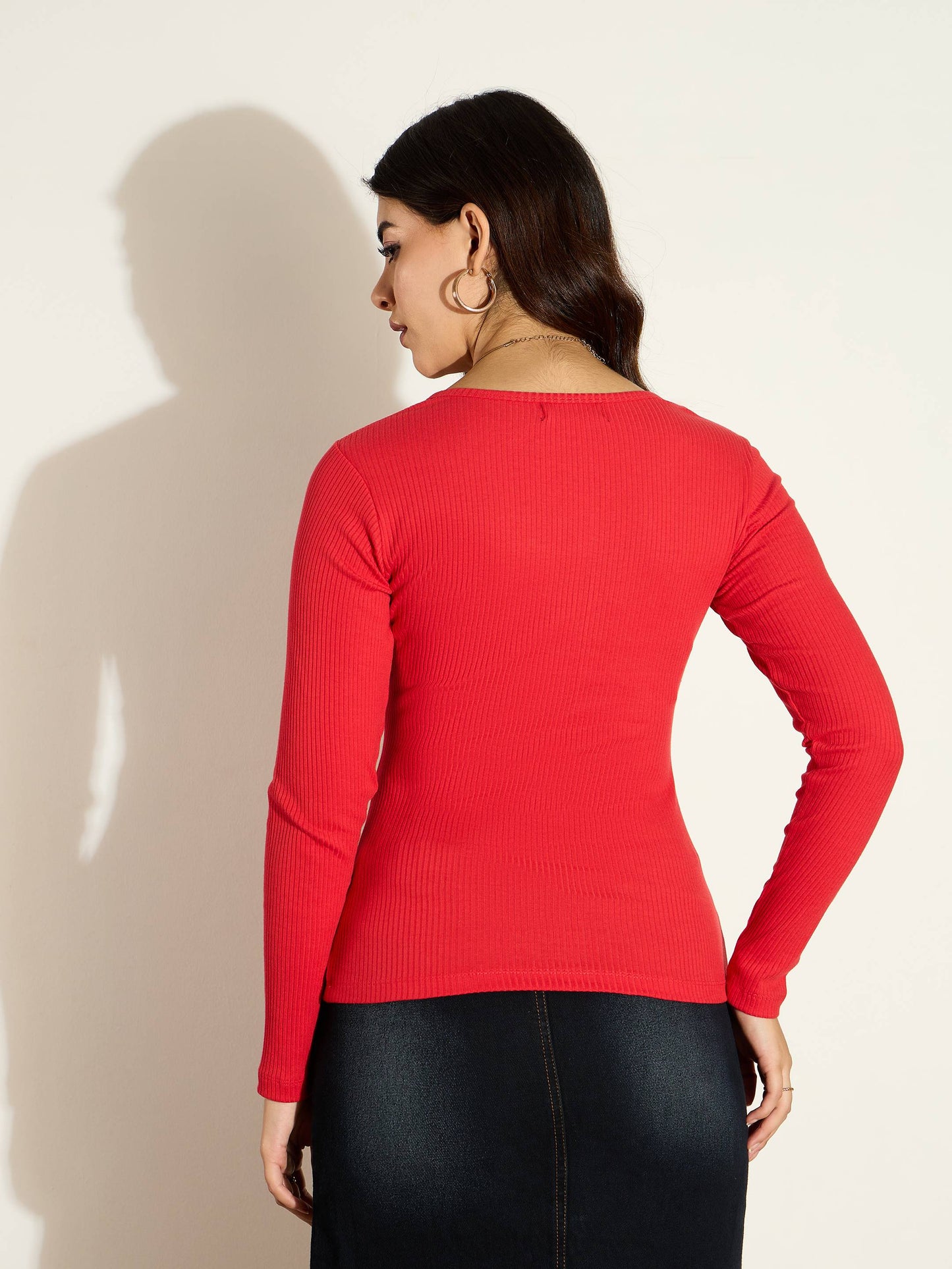 Women Red Rib Square Neck Full Sleeves Top