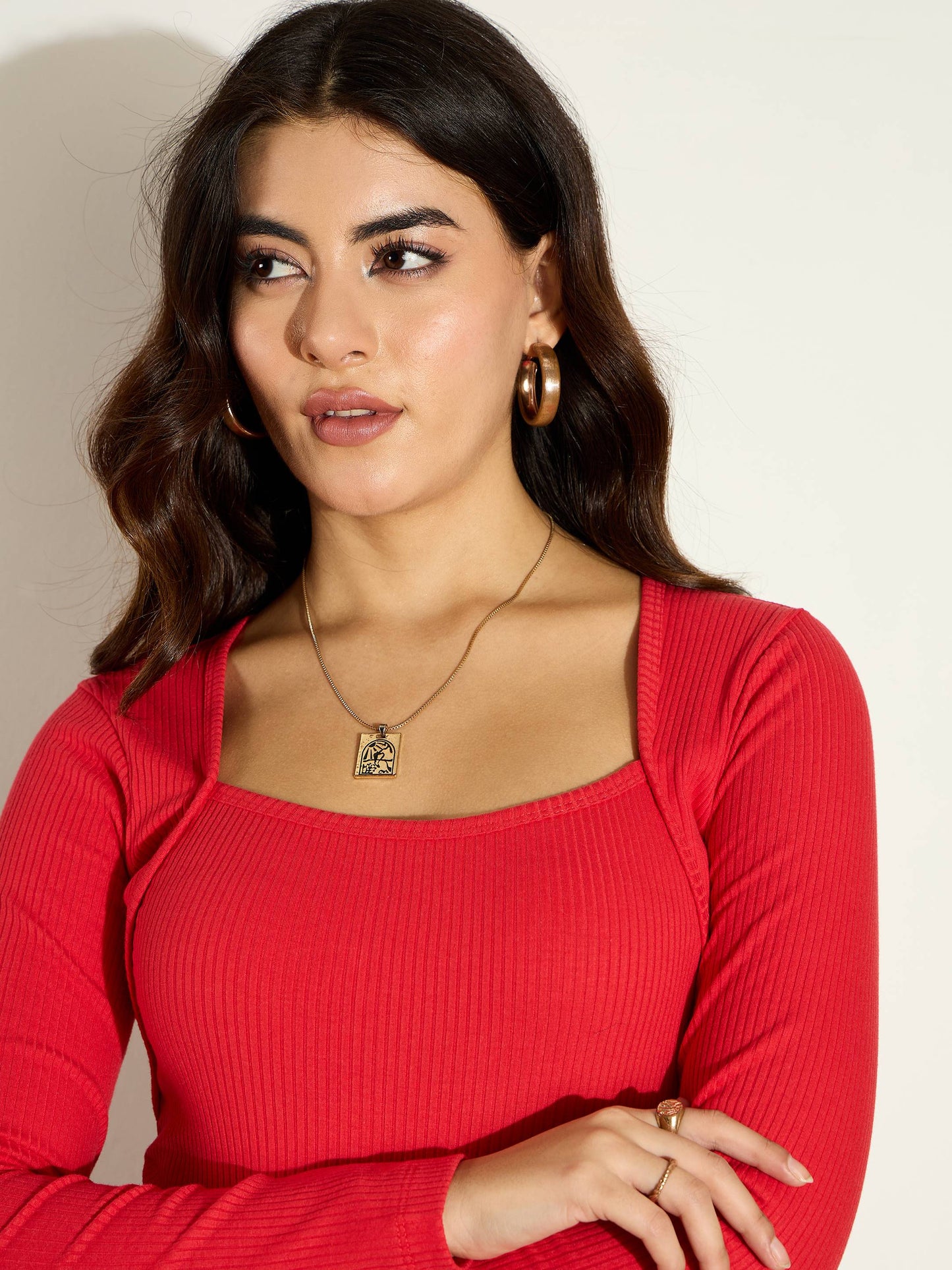 Women Red Rib Square Neck Full Sleeves Top