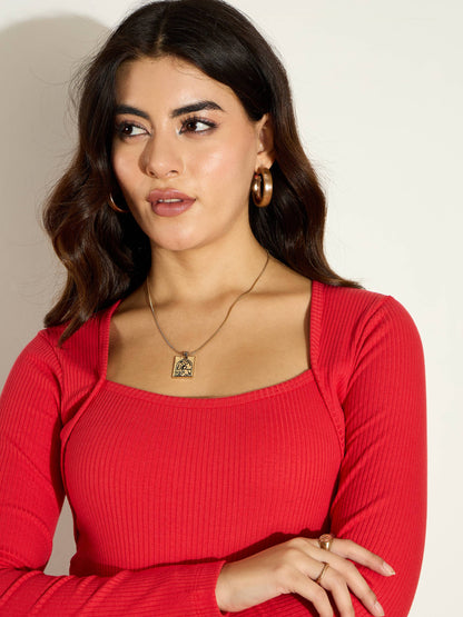 Women Red Rib Square Neck Full Sleeves Top