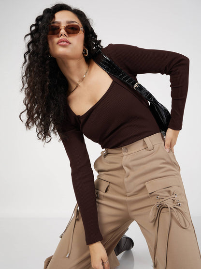 Women Dark Brown Rib Square Neck Full Sleeves Top